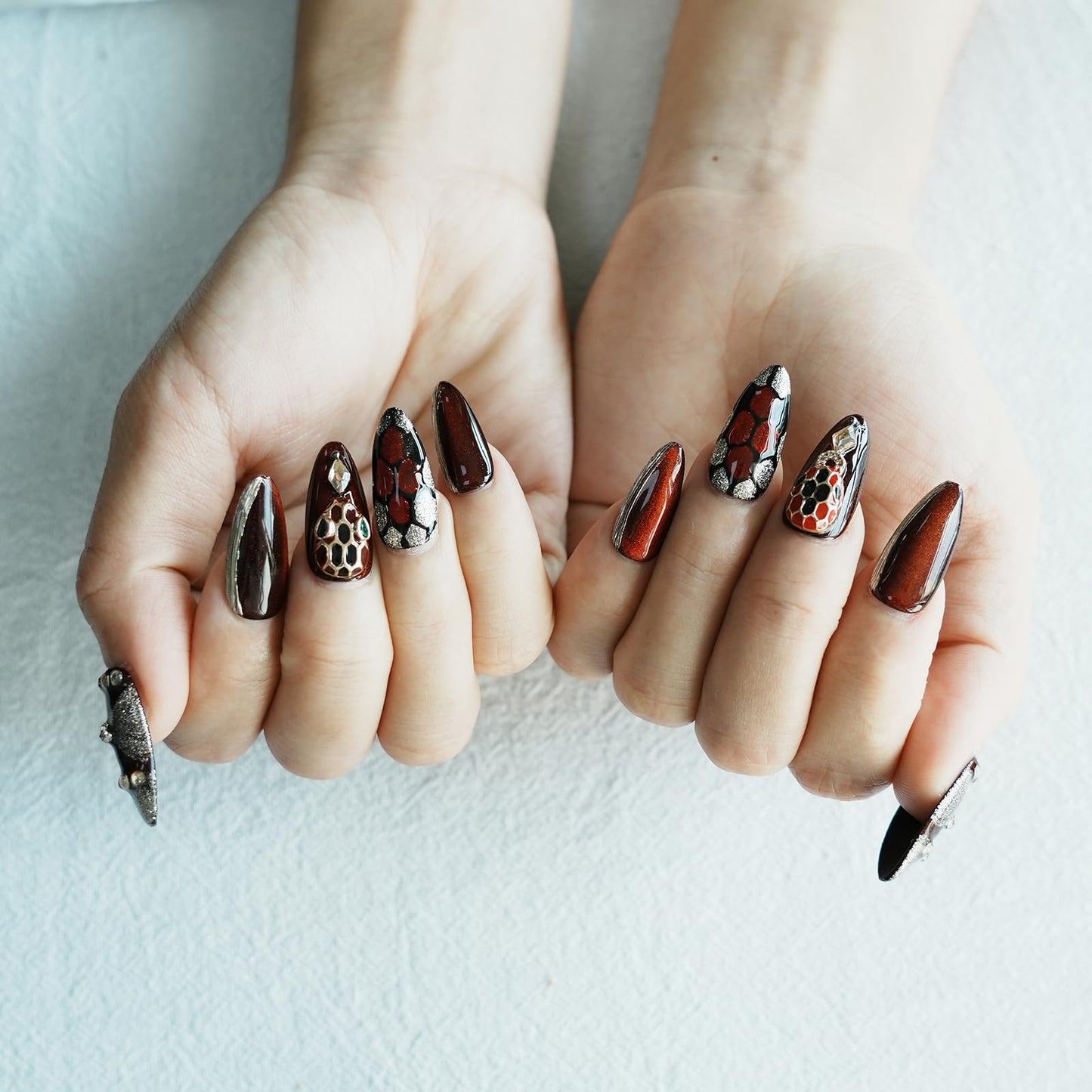 Tesytto Dark Red Press on Nails Luxury Medium Almond, Handmade Fake Nails 3D Design with Snake Charm Rhinestones Glossy Full Cover Thick Acrylic Nails for Valentine's Day(Red Flame,S)