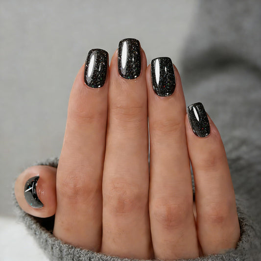 Black Press On Nails Square Glitter -Short Press On Nails with Nail Glue, Fit Perfectly & Natural Reusable Stick On Nails in 12 Sizes - 24PCS Soft Gel Glue On Nails Kit
