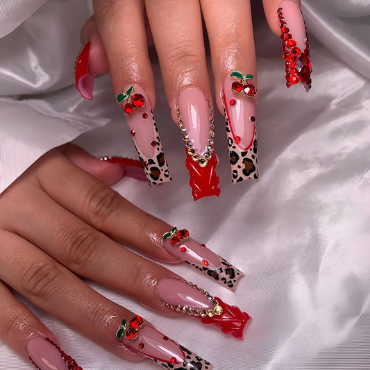FIEONCIY Press on Nails Coffin Long Length Acrylic Glossy Full Cover Square Shaped French False Nails with Designs Artificial Extra Long Fake Nails with Charms Glue ons Fingernails for Women(AA132)
