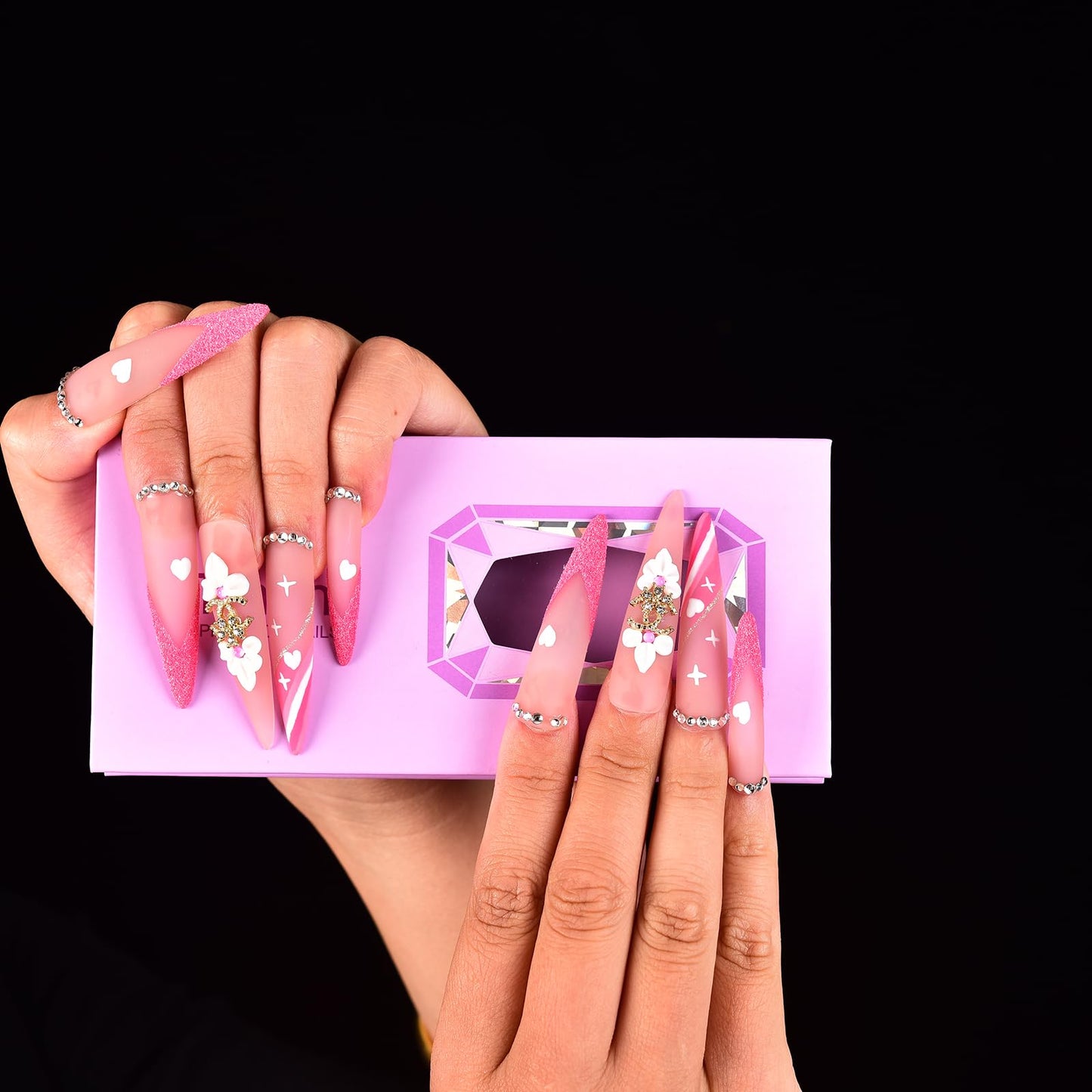 Tmani 10pc/set Extra Long Handmade Press On Nail Hot Girl's Long Ballet Nails Pointed Nail Full of Diamond Glitter Decoration Fake Nails Suitable For Girls Festival Parties and Birthday Gift (269,M)