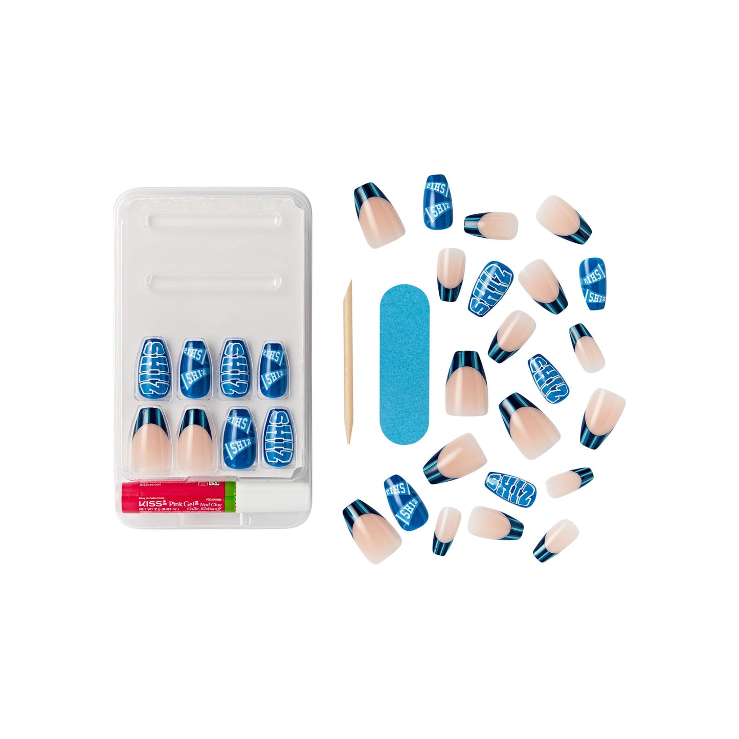 WICKED X KISS Press On Nails, ‘Shiz Campus’, Blue, Medium Coffin, Waterproof, Chip Proof, Smudge Proof, 28 Fake Nails, Pink Gel Nail Glue (2g), Mini Nail File, & Manicure Stick