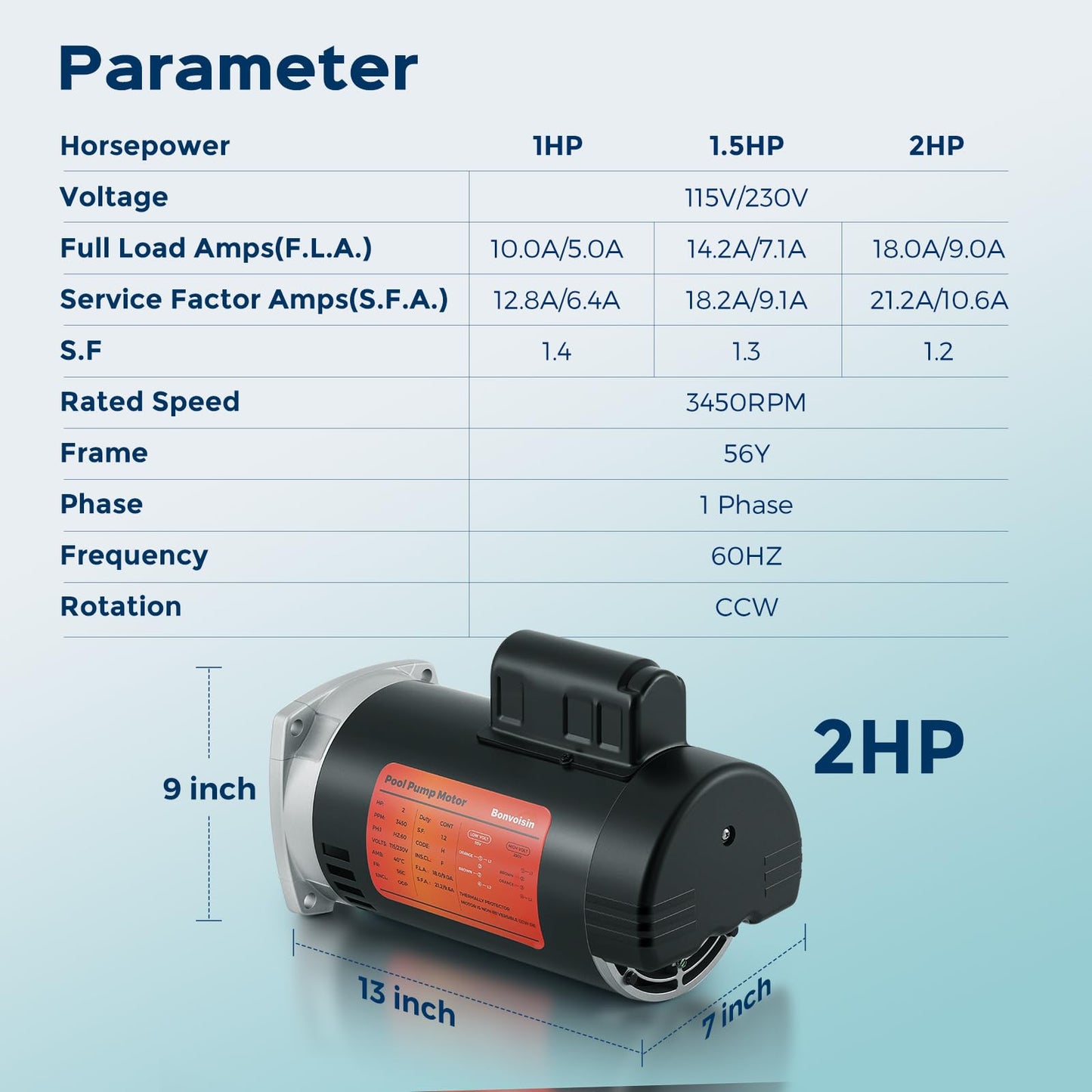 Bonvoisin 1.5HP Pool Pump Motor 56Y Frame 3450 RPM CCW Rotation Square Flange Replacement Motor with 80μF/300V Capacitor for Above Ground and Underground Swimming Pools 115V/230V
