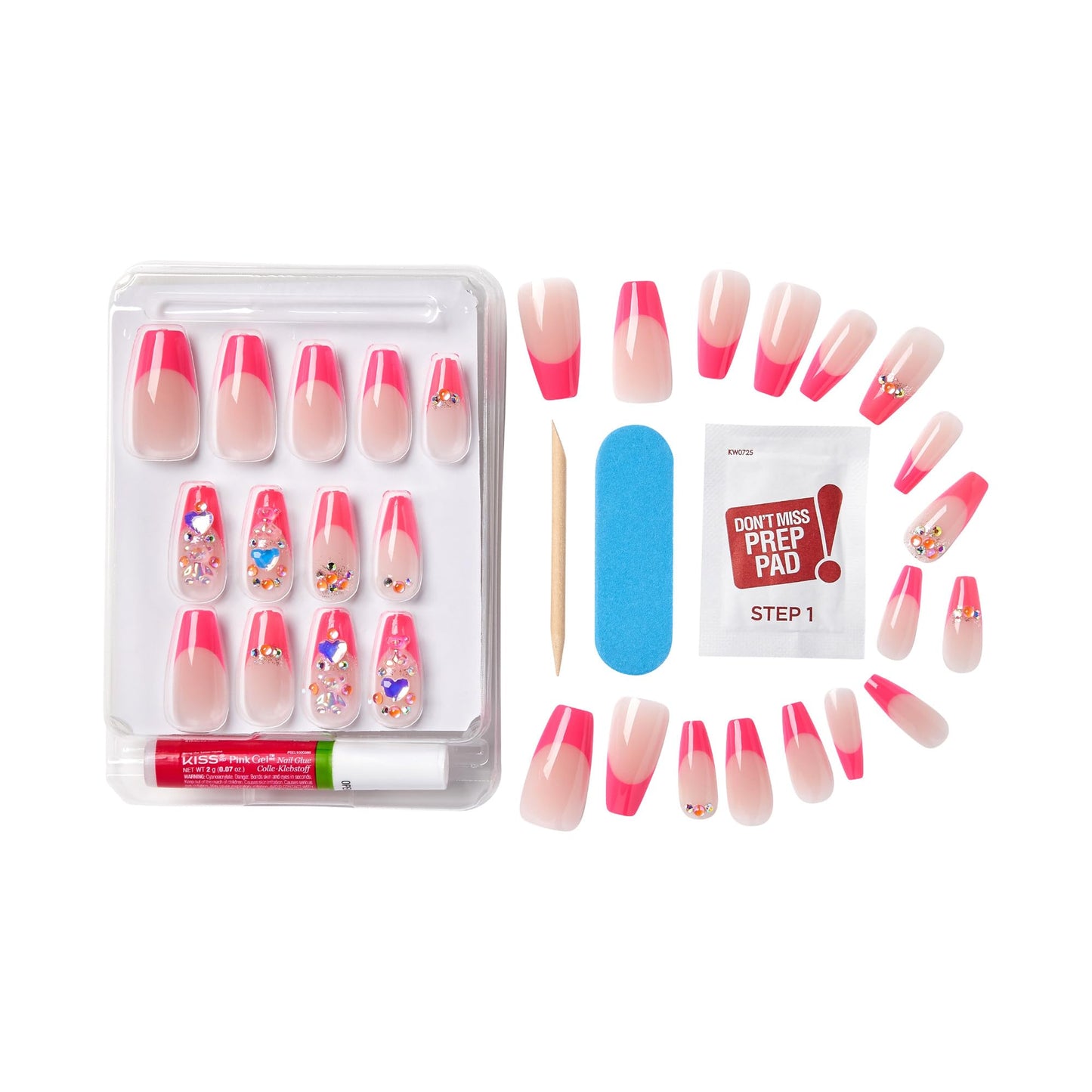 GoldFinger Premium Luxury False Nails Kit, Ready to Wear Pink French Nails, Manicure Stick and Glue Included, Long Coffin Shape with 3D Rhinestones, Long-Lasting Hottest Trend Glue on Nails