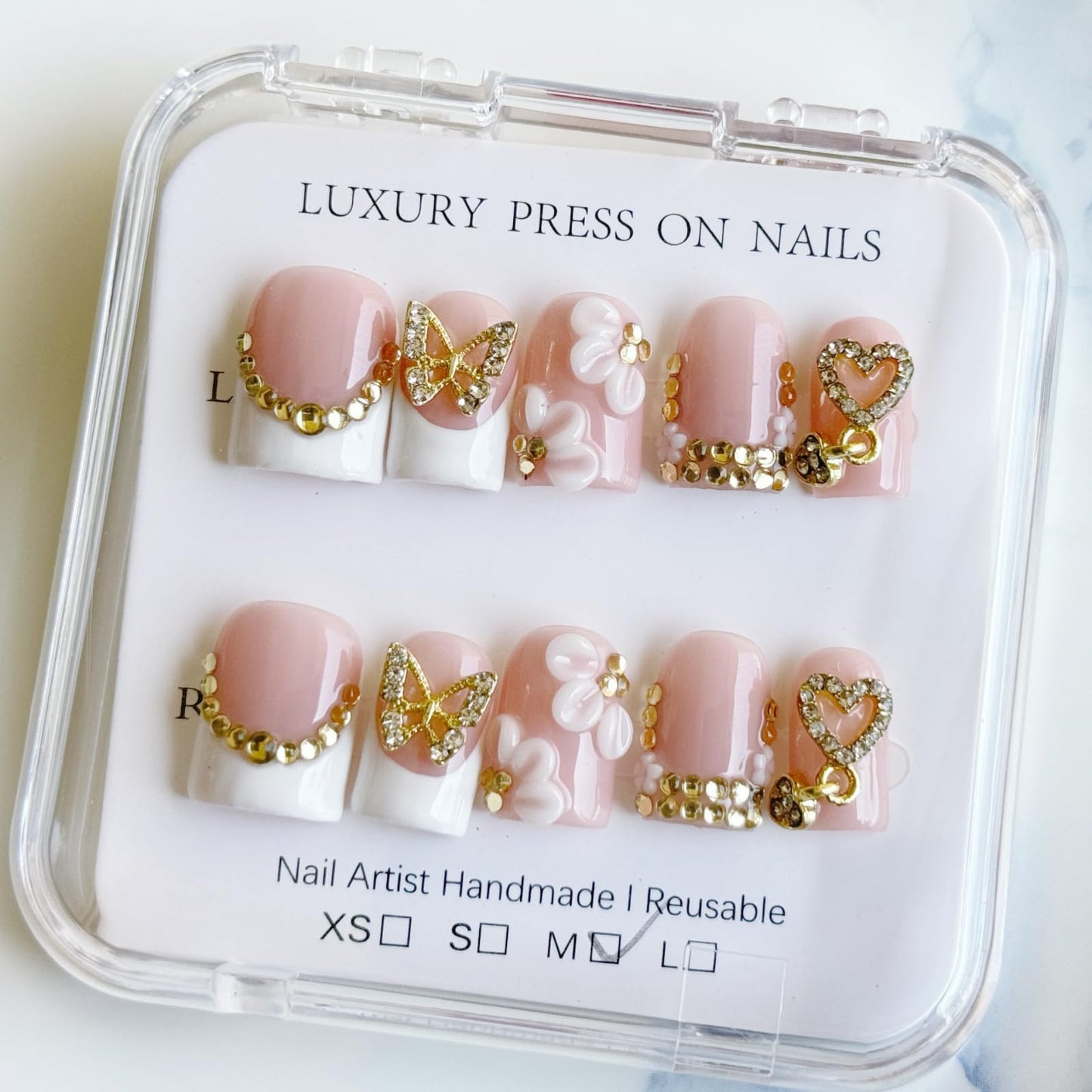 Haozerart Handmade Short Square Press On Nails, Duck Shape Fake Nails, White French Style with Luxury Golden Butterfly & Rhinestones, Reusable Nails Kit, 10Pcs Medium Size for Women