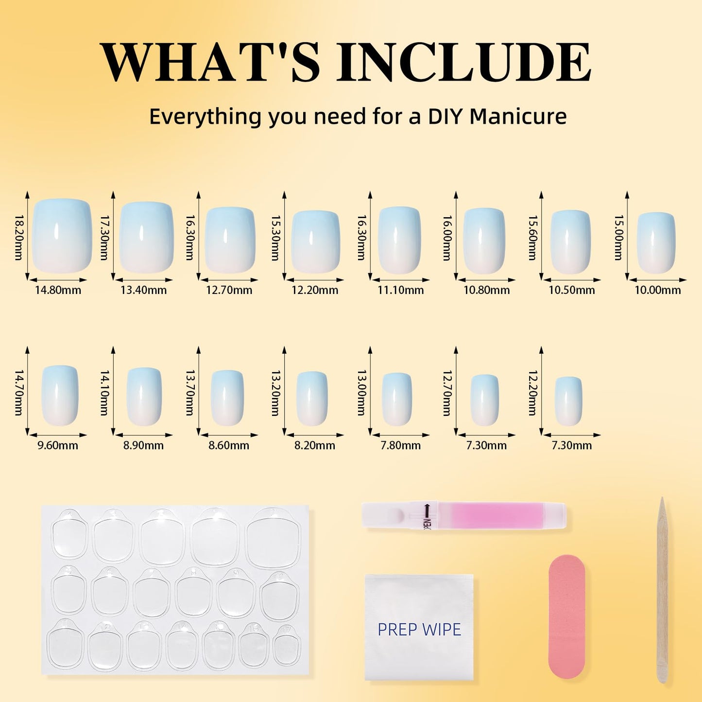 Leefrei Press On Nails - Short Square Blue Fade Press on Nails Glossy Finish Nails Press Ons for Women DIY Fake Nails Kit with Glue, Reusable Glue on Nails Short in 15 Sizes - 30pcs, Sky Fade