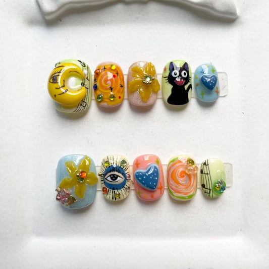 Luxury Press on Nails Short Square Handmade 3D Unique Reusable ABS Material Fake Nails False Nails with Eyes Flower Cat Heart Rhinestones Designs Glossy Glue on Nail Thick Acrylic Nail(M)