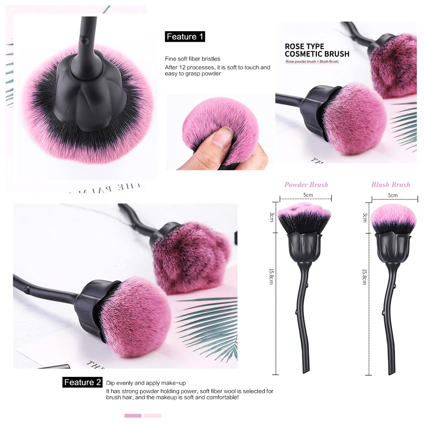 JERCLITY 2 Pieces Rose Makeup Brushes Blush Brush Super Large Face Powder Makeup Brushes for Powder Cosmetic Nail Dust Brush Loose Powder Brush Makeup Manicure Dust Remover Brush for Clean (Black)