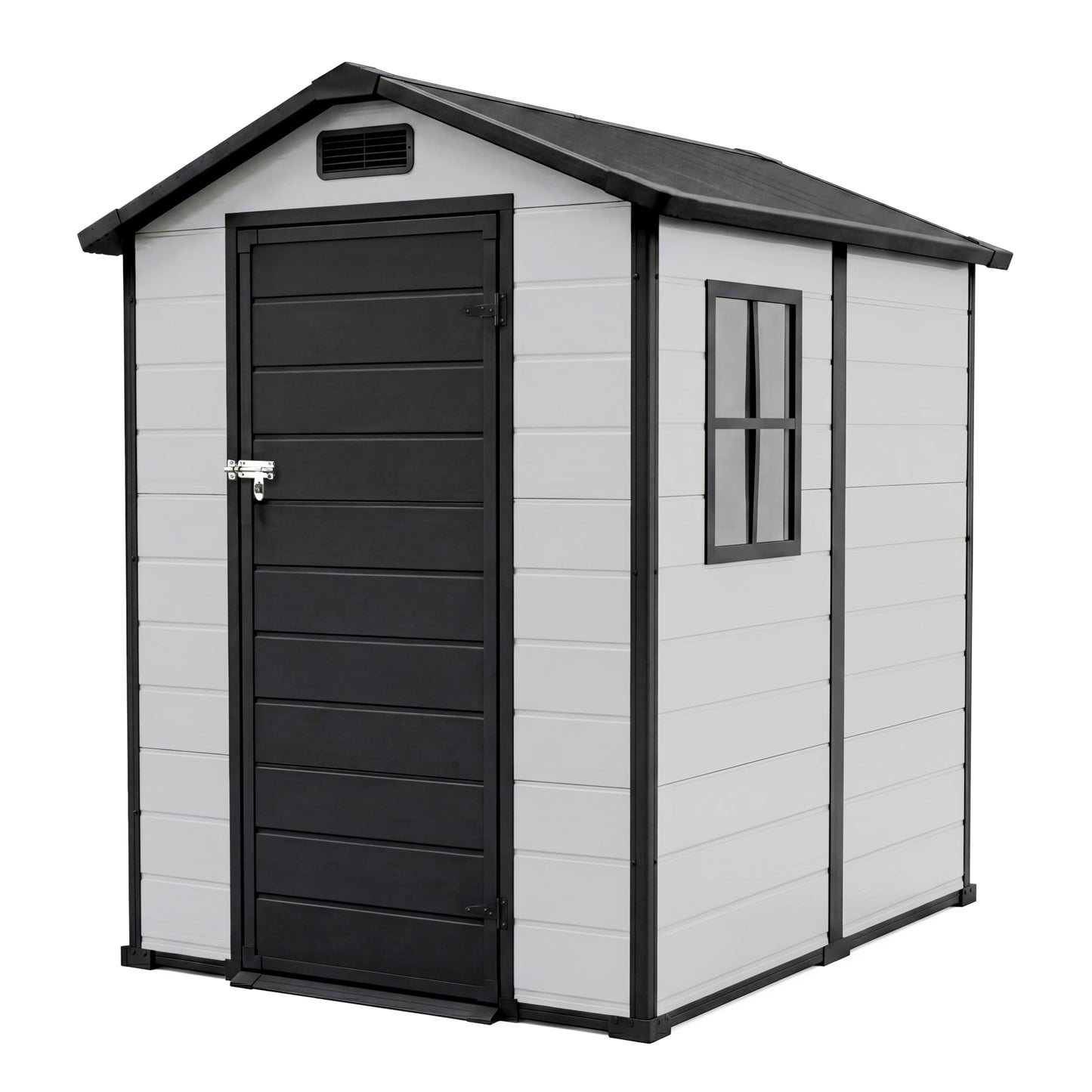 4x6 FT Outdoor Storage Shed, Large Waterproof Resin Garden Shed with Lockable Door Vents Window for Patio Lawn Mower Bike Tool Backyard Organization, Gray + Black