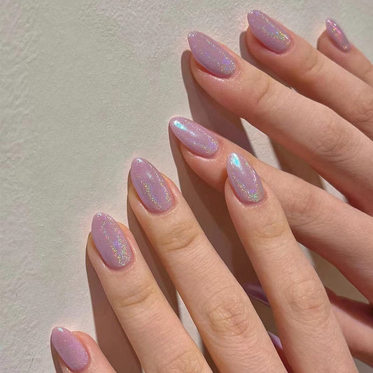 MISUD Press on Nails - Medium Almond Glue on Nails, Acrylic Purple Chrome Design 24 pcs