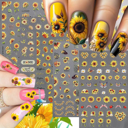 5 Sheets SunflowerNail Stickers for Nail Art, 5D Embossing Daisy Self-Adhesive Flower Nail Decals, Butterfly Nail Supplies Nail Art Design Accessories for Women and Girls Manicure DIY Decoration