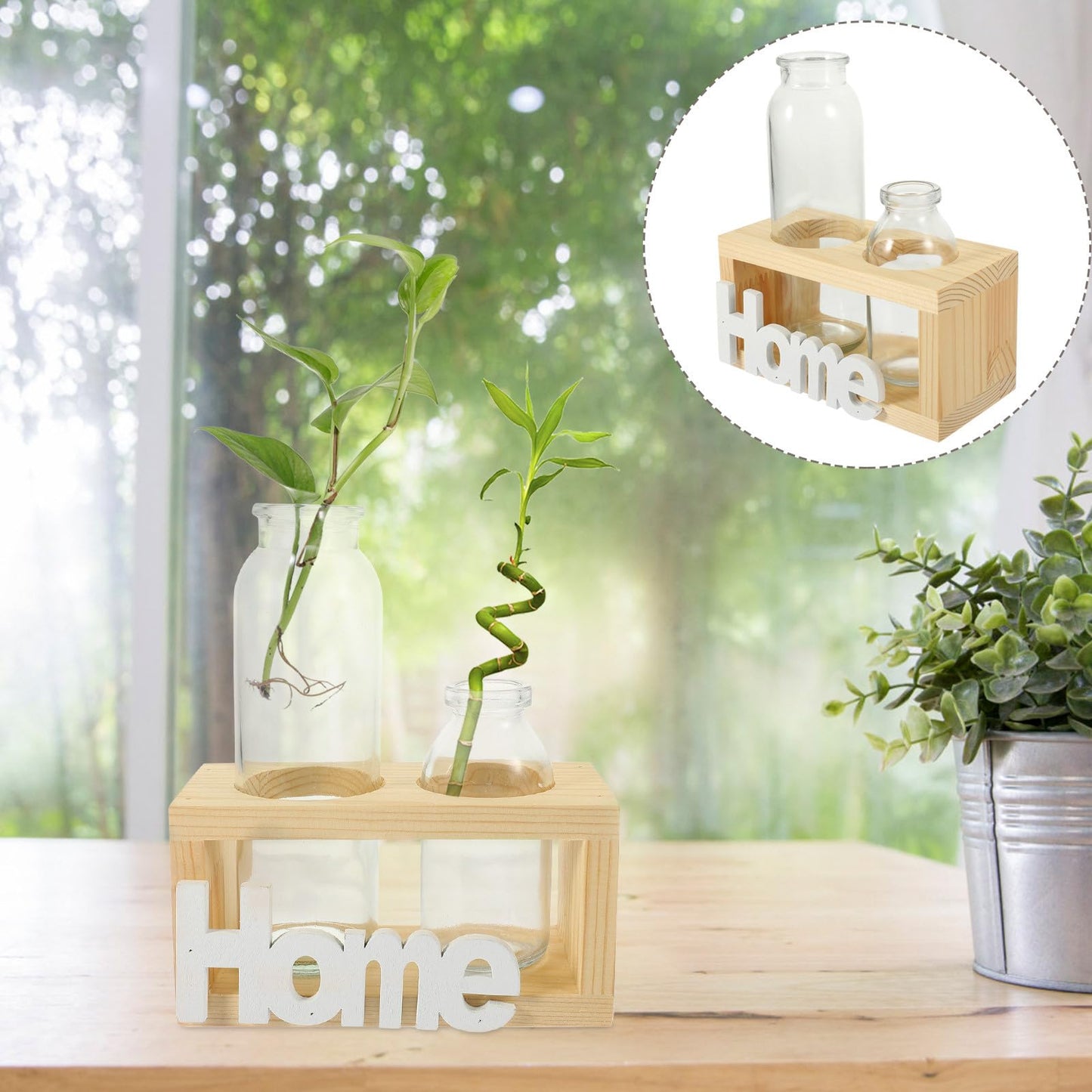 SUPVOX Nordic Style Glass Hydroponic Planter Vase with Wooden Stand, 2pcs Desktop Water Propagation Station for Home Plant Terrarium Decoration