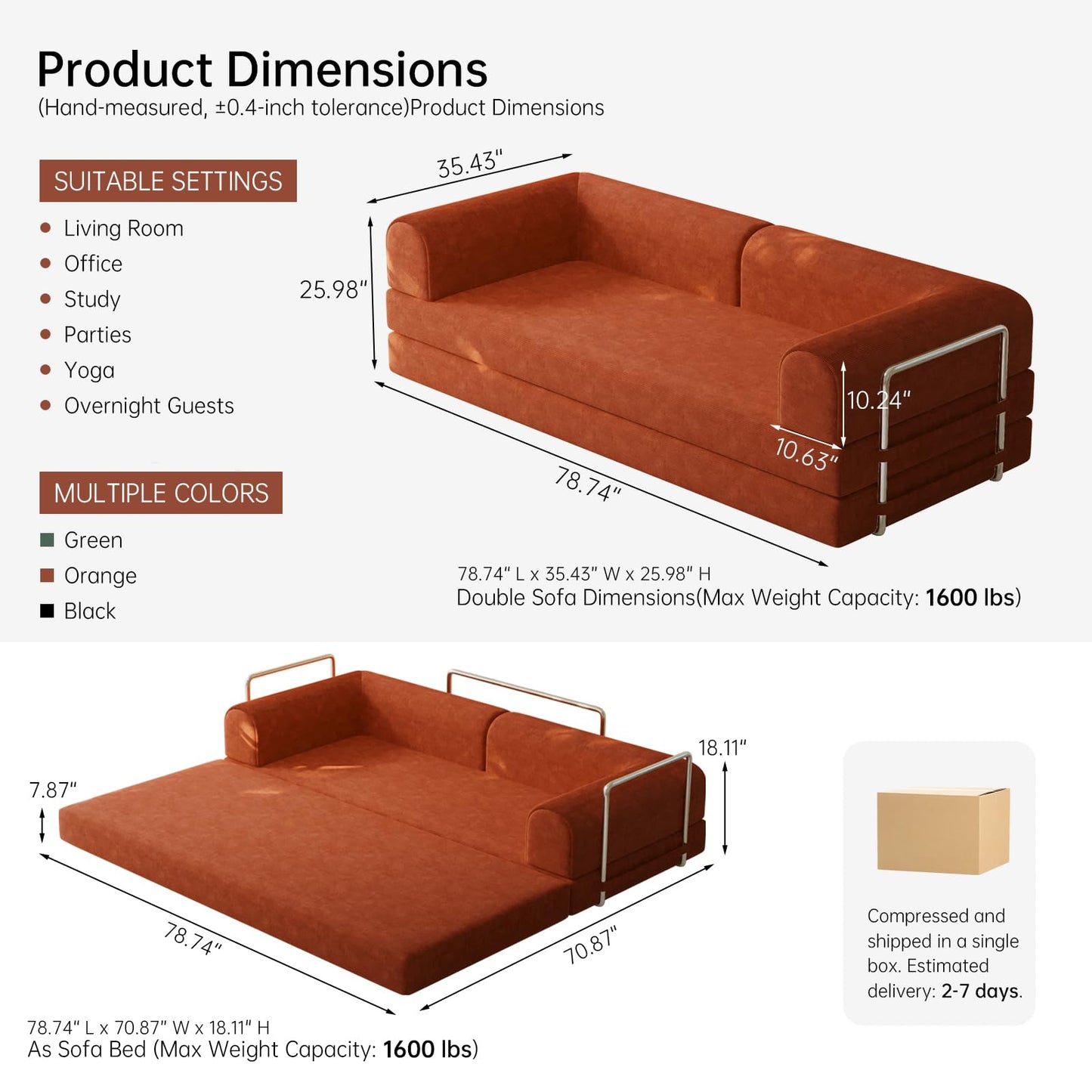 79” Convertible Sofa Bed, 35D High-Density Foam&Corduroy Fabric Sleeper Couch Bed, Fixed-Shape Frame & Removable Armrests,Modular Folding Small Loveseat Futo, Sectional Funto Couch for Small Spaces