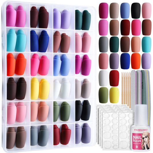 FANDAMEI Matte Press on Nails, 24 Packs 576PCS Press on Nails Medium Square Matte, Lightweight Natural Fake Nails Full Cover, False Nails with Glue