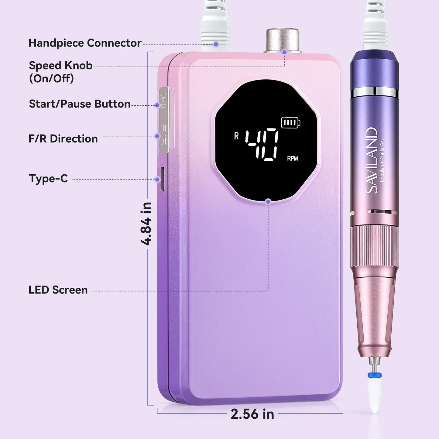 SAVILAND 2026 Nail Drill Professional: 40000RPM Electric Nail Drill 30S Fast Removal for Acrylic Nails Low Noise Electric Nail File Long-Lasting Manicure Pedicure Mobile Tech & Salon (Gradient Purple)
