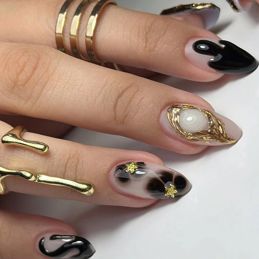 MISUD Press on Nails - Medium Almond Fake Nails with Black Flower, Acrylic Gold Chrome Design 24 pcs