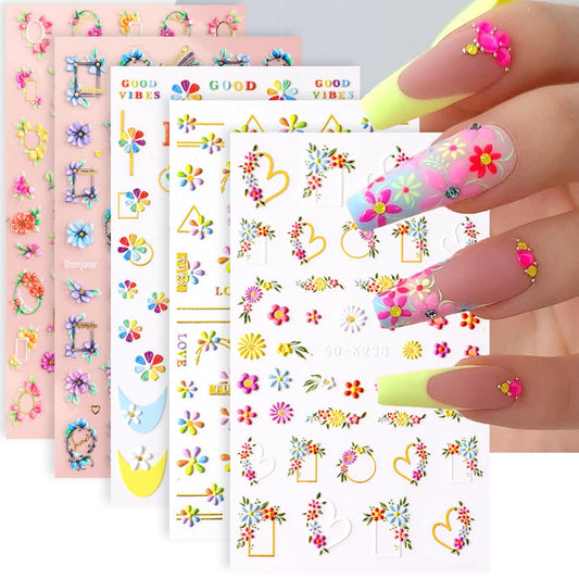 TOGZOM Flower Nail Art Stickers 5D Embossed Daisy Nail Decals Nail Art Supplies Colorful Floral Sakura Self Adhesive Nail Stickers Acrylic Engraved Nail Decals DIY Manicure Decorations for Women