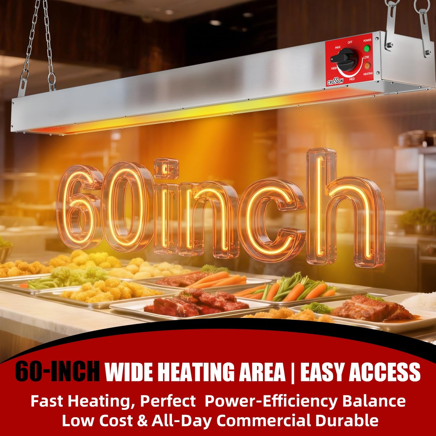 crosson Electric Strip Heater Commercial,60 Inch Food Heat Lamp with German EGO Thermostat,Dual Installation Options,Food Warming Lamp Heater for Catering Kitchen Restaurant Buffet,1550W