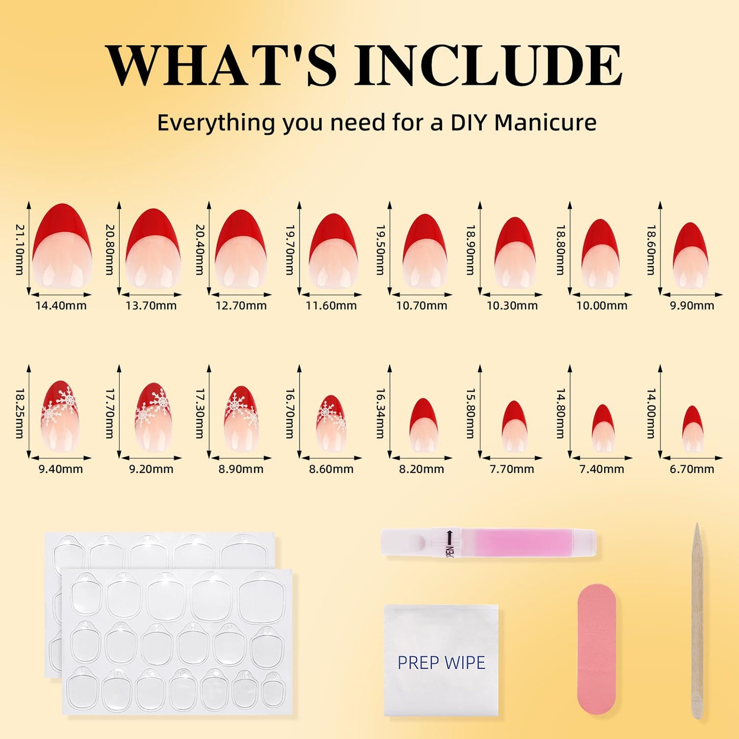 Leefrei French Tip Press on Nails - Glossy Red Press on Nail with Snowflakes, Short Almond Fake Nails Reusable Nails Press ons for Women, 32 Pieces in 16 Sizes False Nails Kit with Glue, Crimson Snow