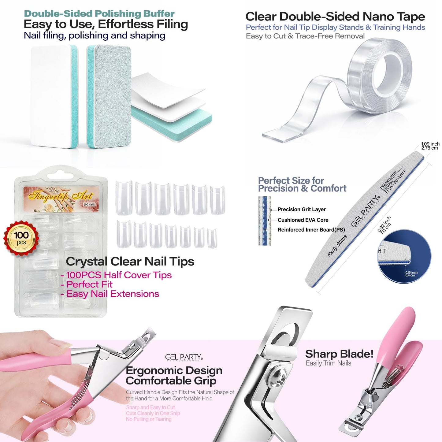 GELPARTY Flexible Nail Practice Hand with Table Clamp - Full Training Starter Kit for Acrylic & Gel Nails, Includes 200pcs Brown Tips, Clippers, Files & Brushes - Professional Manicure Set (Set A+)