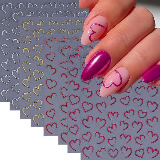 8 Sheets Heart Nail Art Stickers Valentines 3D Self-Adhesive Nail Decals Red Silver Gold Hollow Hearts Nail Design Heart Acrylic Decoration DIY for Women Manicure Supplies Decorations Accessories