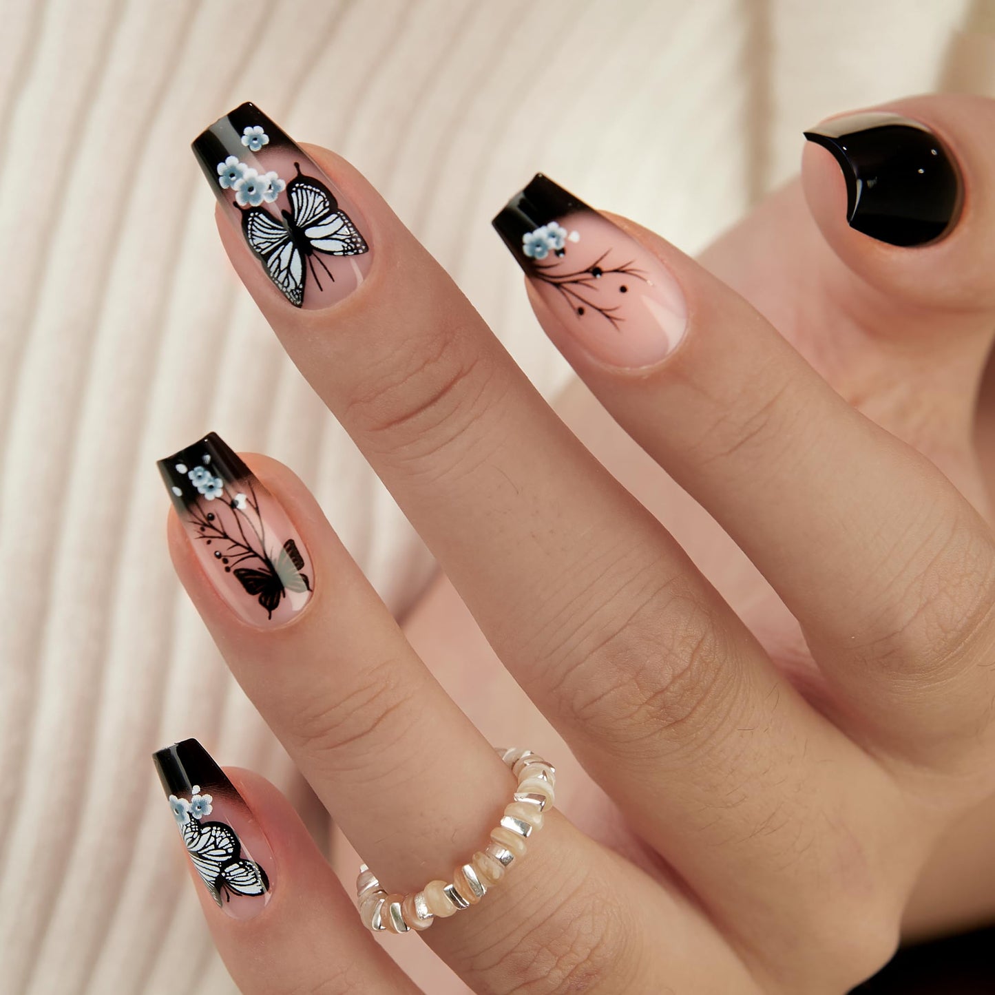 Curvlife 30pcs Press on Nails, Acrylic Fake Nail with Apricot Design, Full Cover False Nails Tips Glossy Nude Glue on Nails Artificial Stick on Nails for Women (black butterfly nails, Medium)