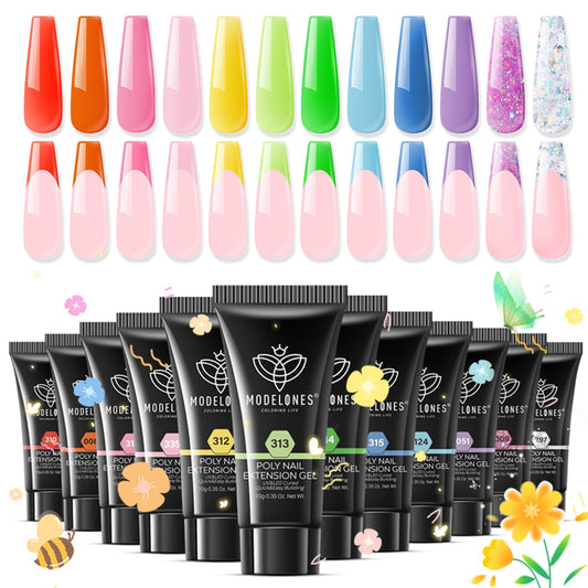 modelones Poly Gel Kit 12 Colors Rainbow Summer Bright Neon Poly Nail Extension Set Candy Red Yellow Builder Nail Gel Art Design Salon Professional Technician Tool Beauty Gifts for Women
