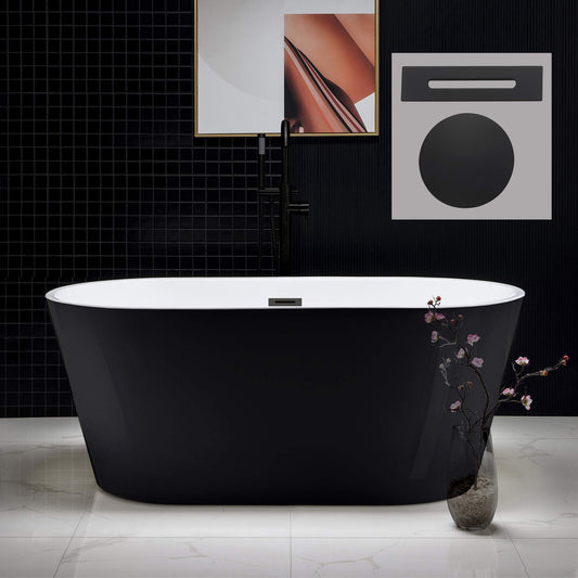 WOODBRIDGE 59" Acrylic Freestanding Bathtub Contemporary Soaking Tub with Matte Black Overflow and Drain,Black