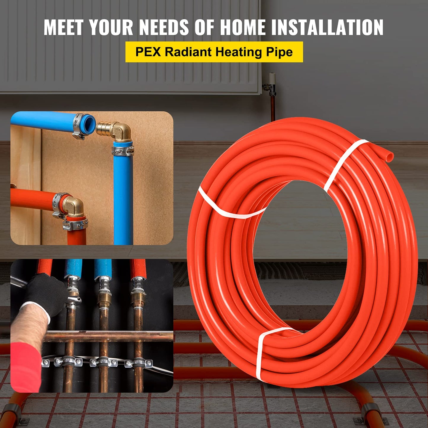 VEVOR PEX-B Pipe 1/2 Inch x 1000 Feet,Oxygen Barrier Flexible Pipe Tubing,Red for Hydronic Radiant EVOH Floor Heating, Water Plumbing Applications with Cutter& Clamps