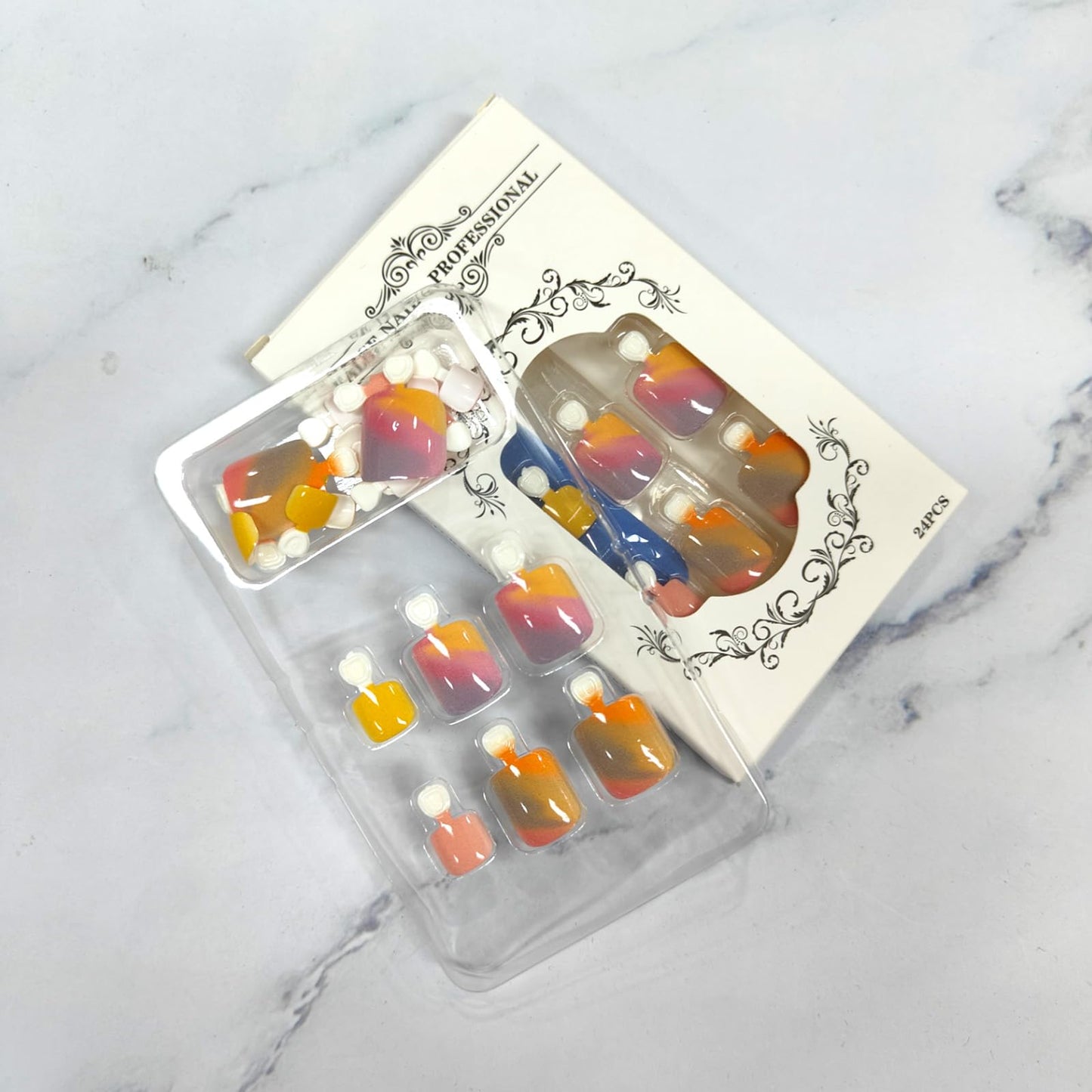 Summer Press on Toenails Short Square Fake Toe Nails with Colorful Blending Designs Cute False Toenails with Jelly Glue Pink Yellow Glossy Full Cover Acrylic Toenails for Women 24Pcs