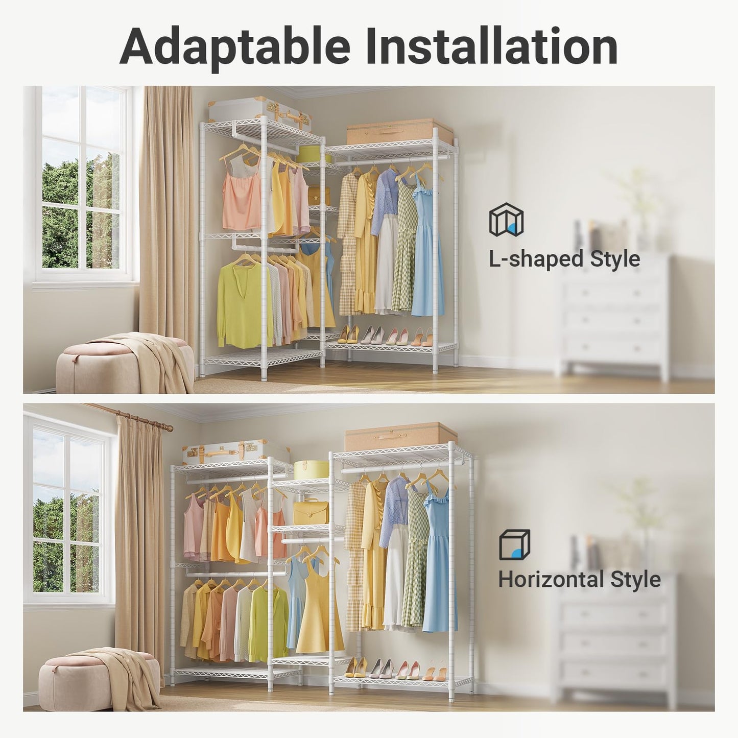VIPEK L6 Heavy Duty Clothes Rack L Shape Clothing Rack 5-Tier Wire Garment Rack Freestanding Closet with 7 Adjustable Shelves & 4 Hanging Rods, 42.1" L x 42.1" W x 76.4" H, Max Load 850LBS, White