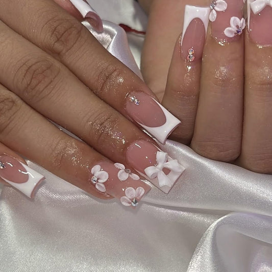 Medium Press on Nails Square Fake Nails White French Tip with Floral Bow Design Glue on Glossy Acrylic Full Cover Stick on False Nails for Women 24Pcs
