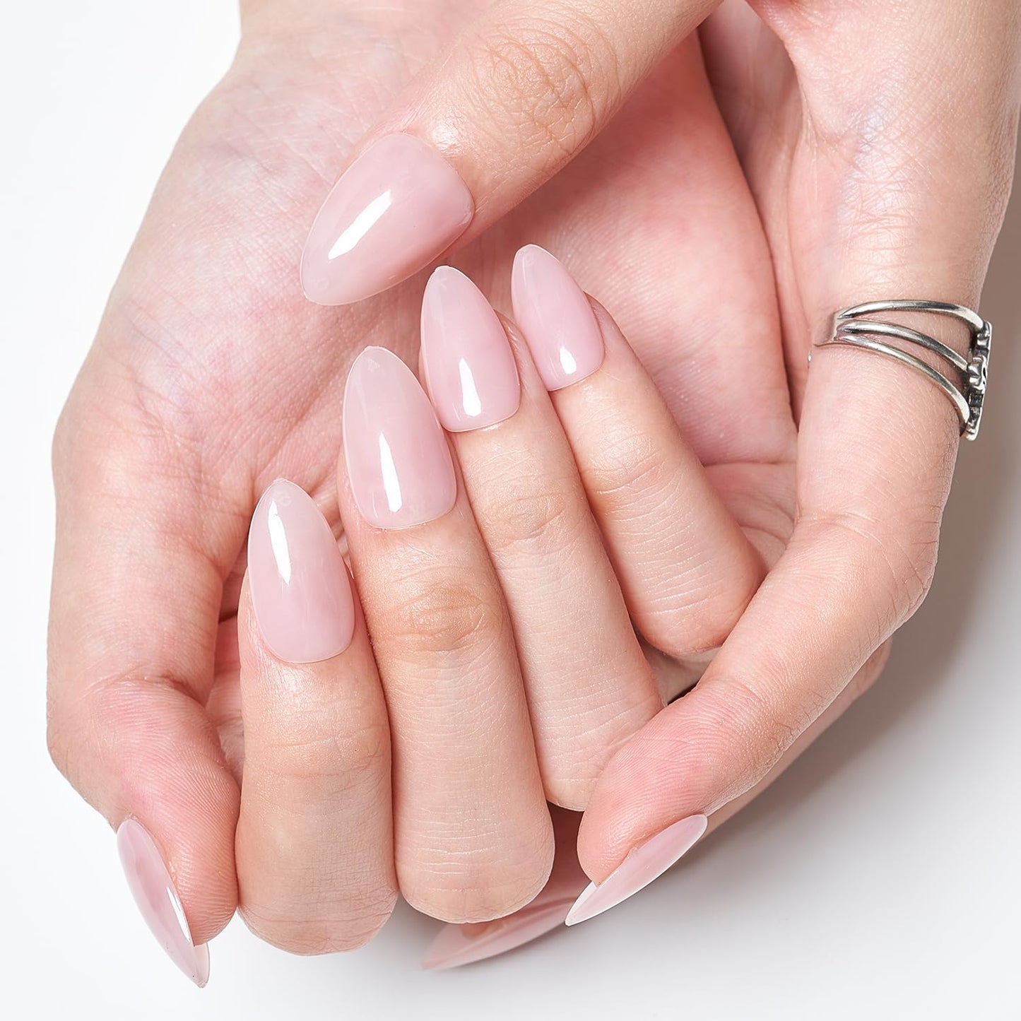 GLAMERMAID Nude Pink Press On Nails Short Almond, Handmade Jelly Soft Gel Nails Round Oval Fake Nails, Translucence Milk White Gel Nails Short Oval Natural Pure Medium Stiletto Stick Glue on Nails