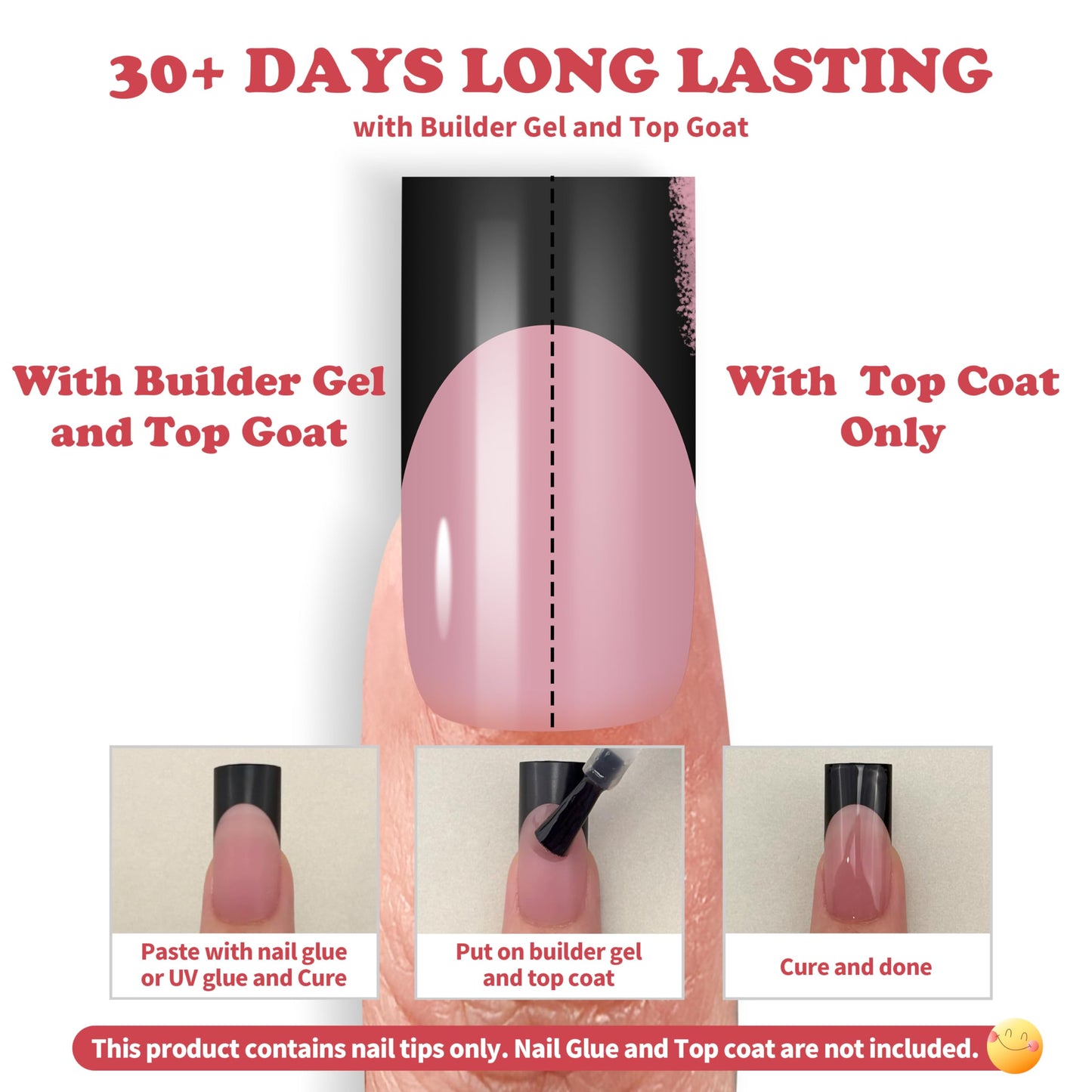 MUTIOVO Black French Tip Medium Straight Square Nail Tips Press on, BERRY PINK Extra Thick Soft Gel Nail Extension, Full Cover False Nails, NEED Builder Glue Gel & Top Coat, for DIY x 15 Sizes 180 pcs