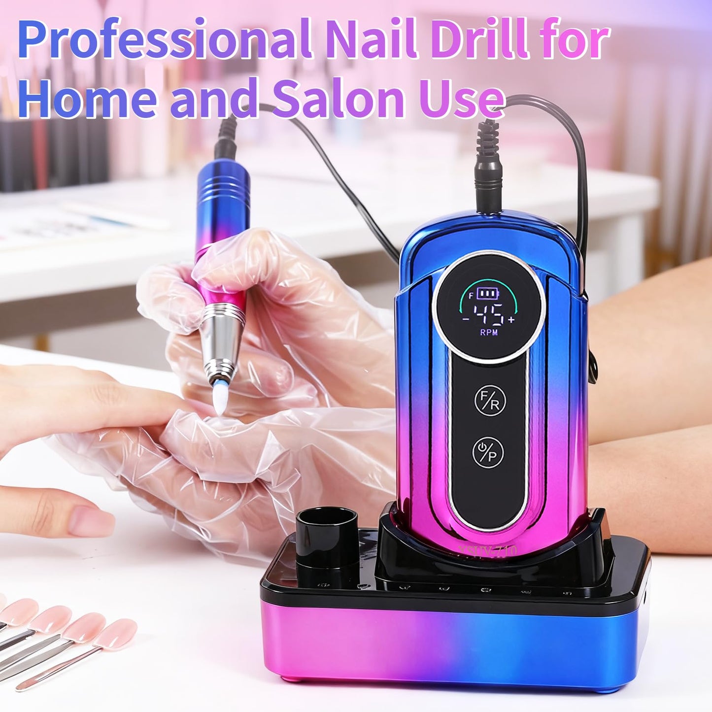 Electric Nail Drill Professional - 45000 RPM Cordless Nail Drill with Rechargeable Stand, Electric Nail File with Nail Lamp, Portable Nail Drills for Acrylic Gel Polishing Removing, Home & Salon Use