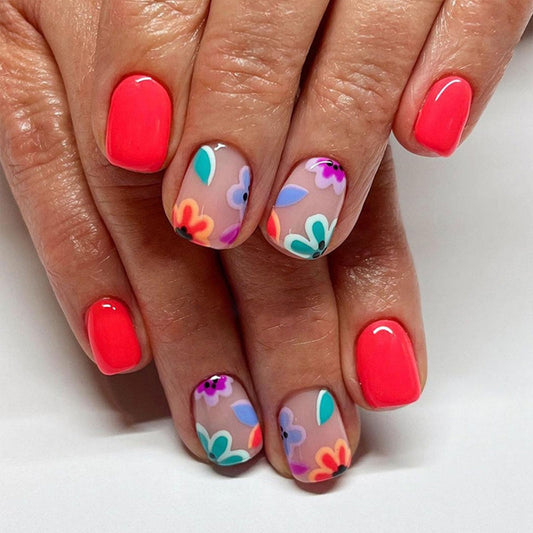 Square Press on Nails Short Fake Nails Press ons with Cute Colorful Flower Designs Glossy Glue on Nails Acrylic Reusable False Nails Red Full Cover Stick on Nails for Women Girls 24 Pcs
