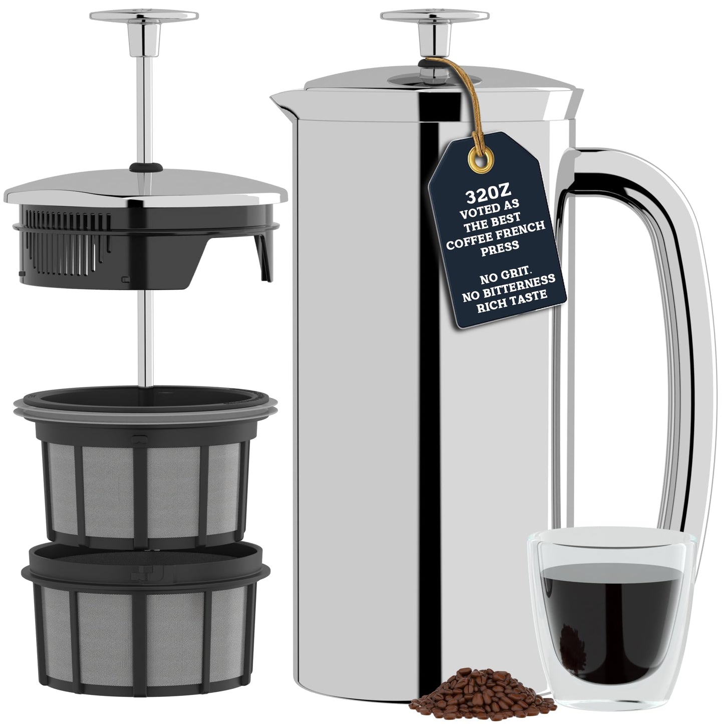 ESPRO P7 French Press Stainless Steel 304 – Patented Double Walled Micro-Filter Insulated French Press Coffee Maker, Grit-Free Brew - Heat Resistant Plastic Free Coffee Maker, Polished (32oz)