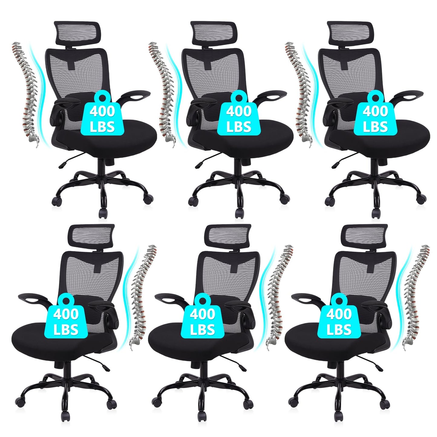 CLATINA Heavy Duty Ergonomic Mesh Office Chair 400LBS, Big and Tall Desk Chair with Adjustable Lumbar Support & Headrest, Flip Up Padded Arms, Swivel Computer Chair for Home, Conference, Black, 6 PACK