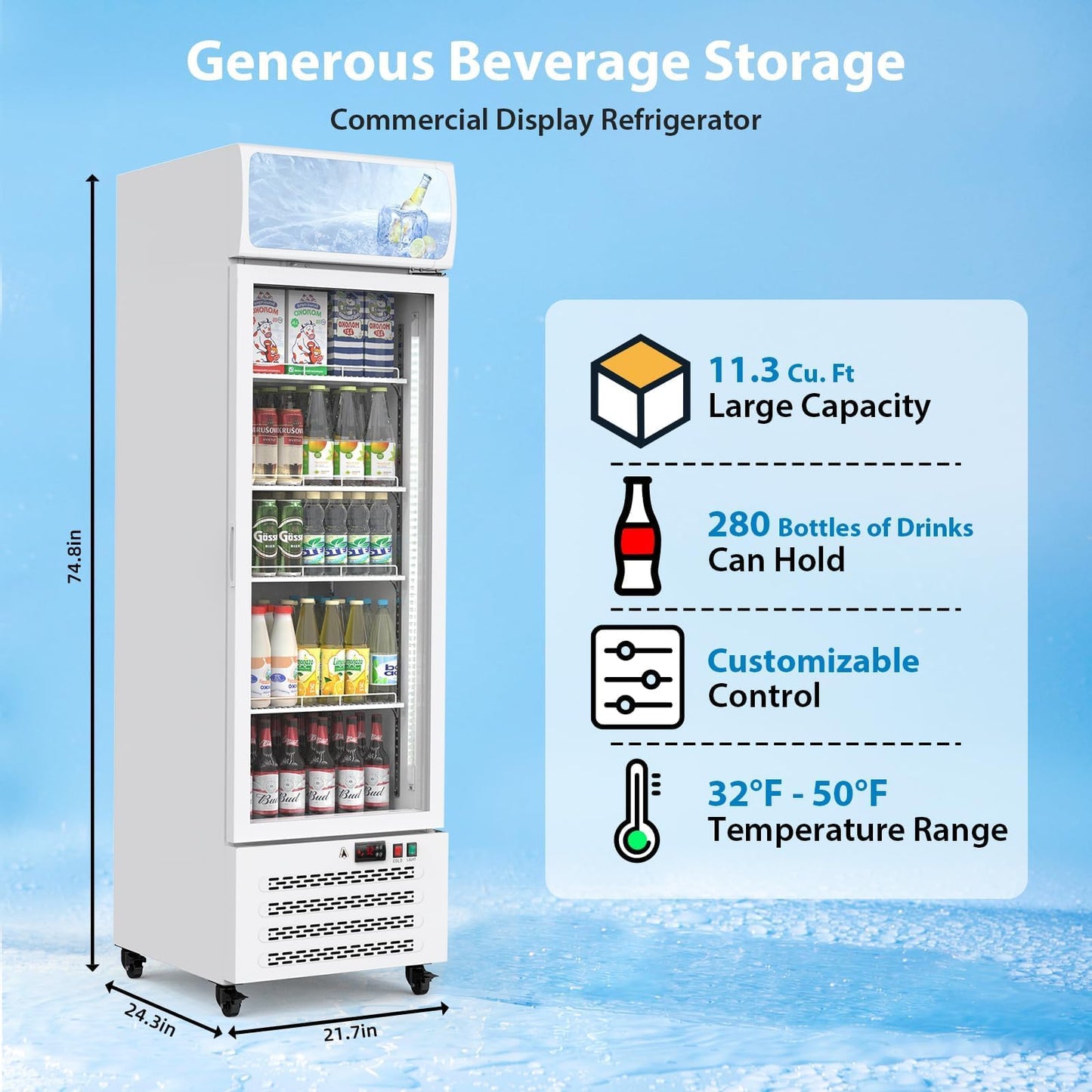 13.4 Cu.Ft Commercial Merchandiser Refrigerator, Commercial Refrigerators With Glass Door and Soft Led Light, Display Refrigerator Upright Fridge With 3 Adjustable Shelves for Shop, Restaurant, White