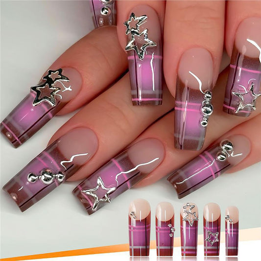 FIEONCIY Press on Nails Coffin Long Length Acrylic Glossy Full Cover Square Shaped French False Nails with Designs Artificial Extra Long Fake Nails with Charms Glue ons Fingernails for Women(FF04)