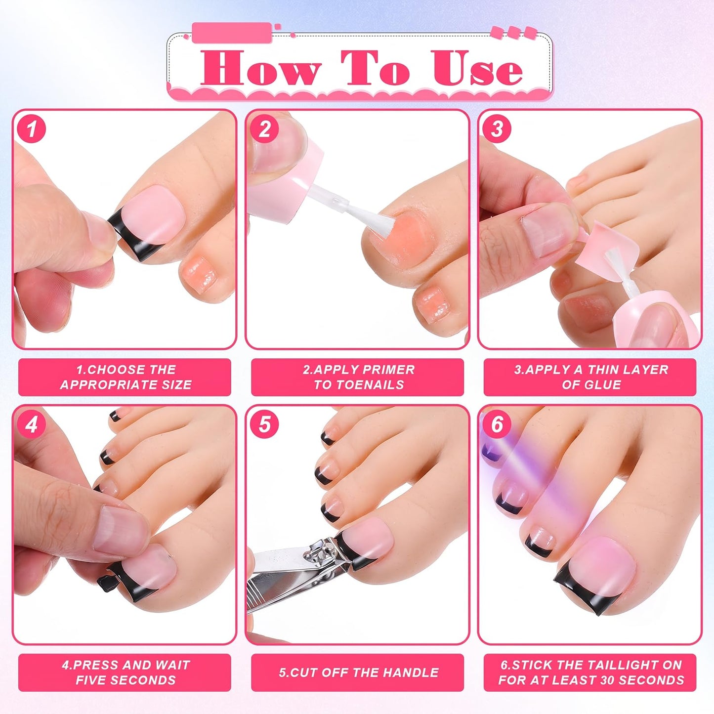 150 Pcs French Tip Toes,French Tip Toe Nails Square Fake Toenails Full Cover Toe Nail Press Ons Kit For Women Pedicure Decor,15 Sizes(Black Edges)