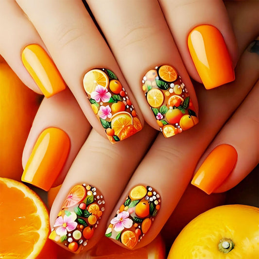 Medium Press on Nails Square Fake Nails with Pink Flower Green Leaves Designs Glossy Nails Press ons Orange Full Cover Glue on Nails Cute Acrylic Nails Artificial Stick on Nails for Women 24Pcs