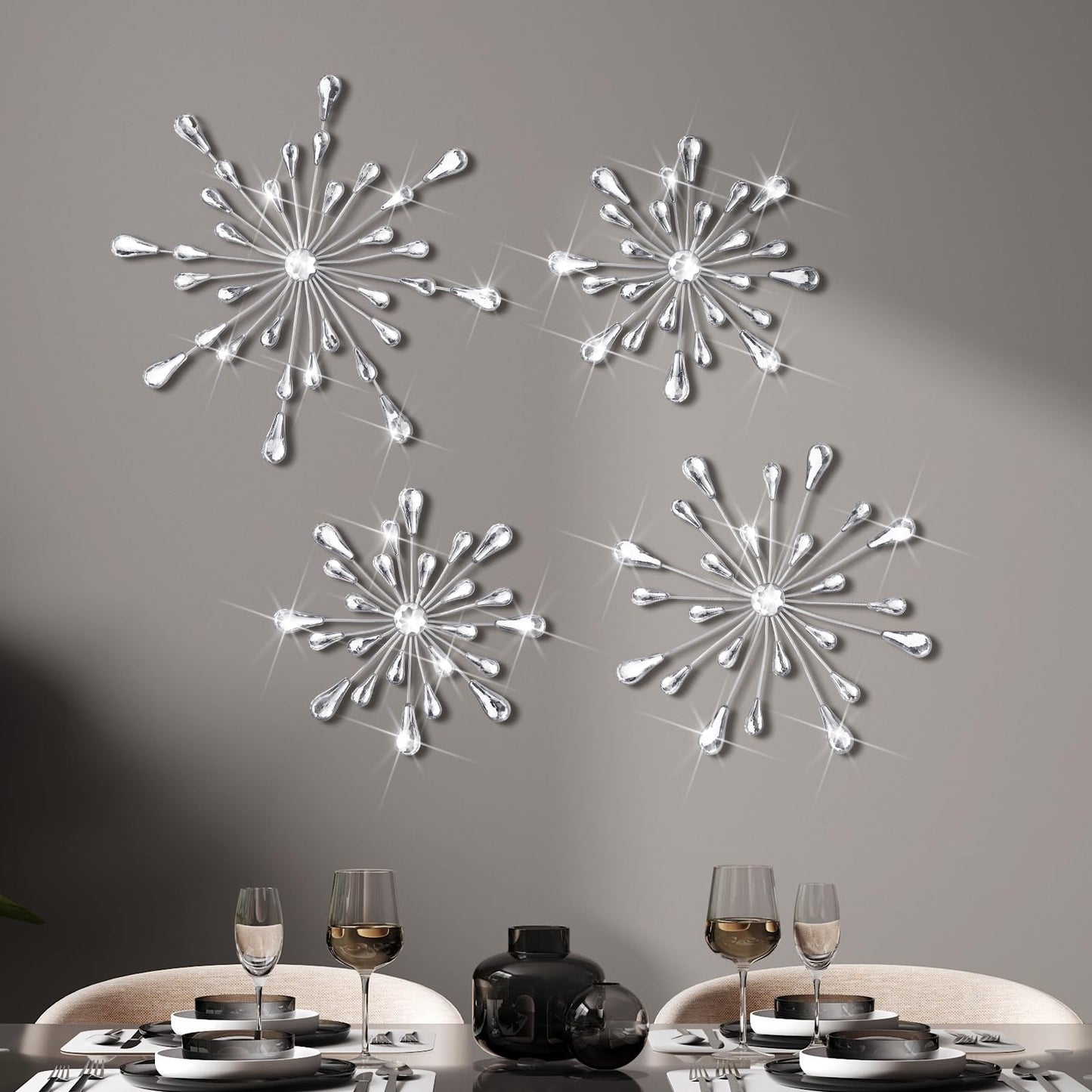 Hicarer 4pcs 3D Silver Metal Starburst Wall Decor Bling Crystal Wall Art Cast Iron Rhinestones Sunburst Decor Jeweled Hanging Glitter Diamond Accents Home Decorative for Living Room Bedroom Entryway