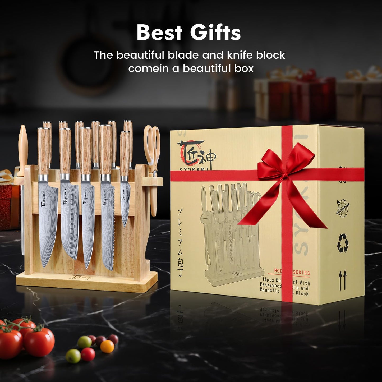 SYOKAMI Japanese Knives Set for Kitchen with Block, 14 PCS Magnetic Knife Set with Holder and Sharpener, Wooden handle, Stainless Steel Knife Set, Ideal as a Gift