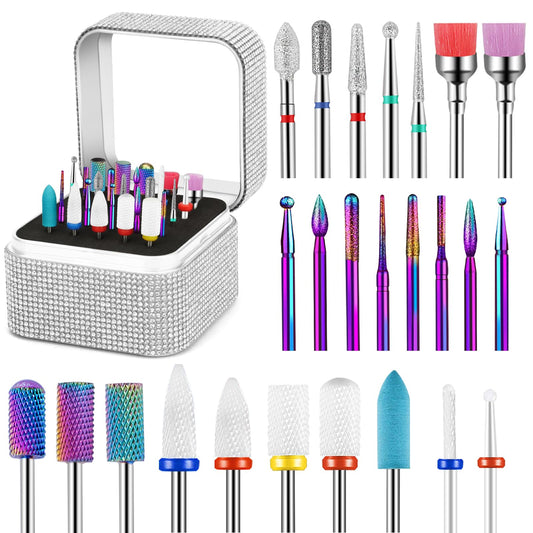 25Pcs Nail Drill Bits Set with Rhinestone Holder, 3/32 Inch Ceramic Diamond Carbide Cuticle Efile Remover Nail Drill Bit for Home Salon Acrylic Gel Polish Manicure Pedicure
