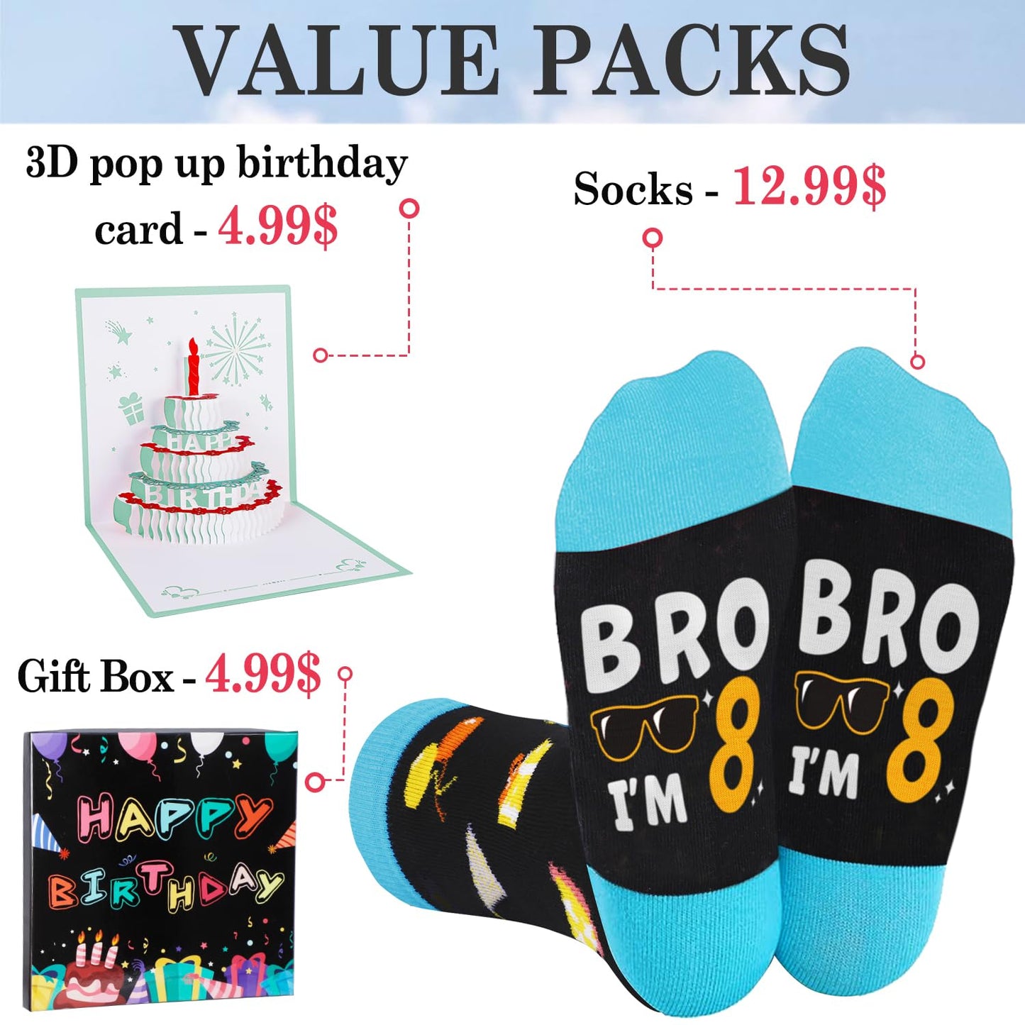 Juesly 8 Year Old Birthday Gifts for Boys - Socks for Boys with Pop Up Birthday Card, Presents for 8 Year Old