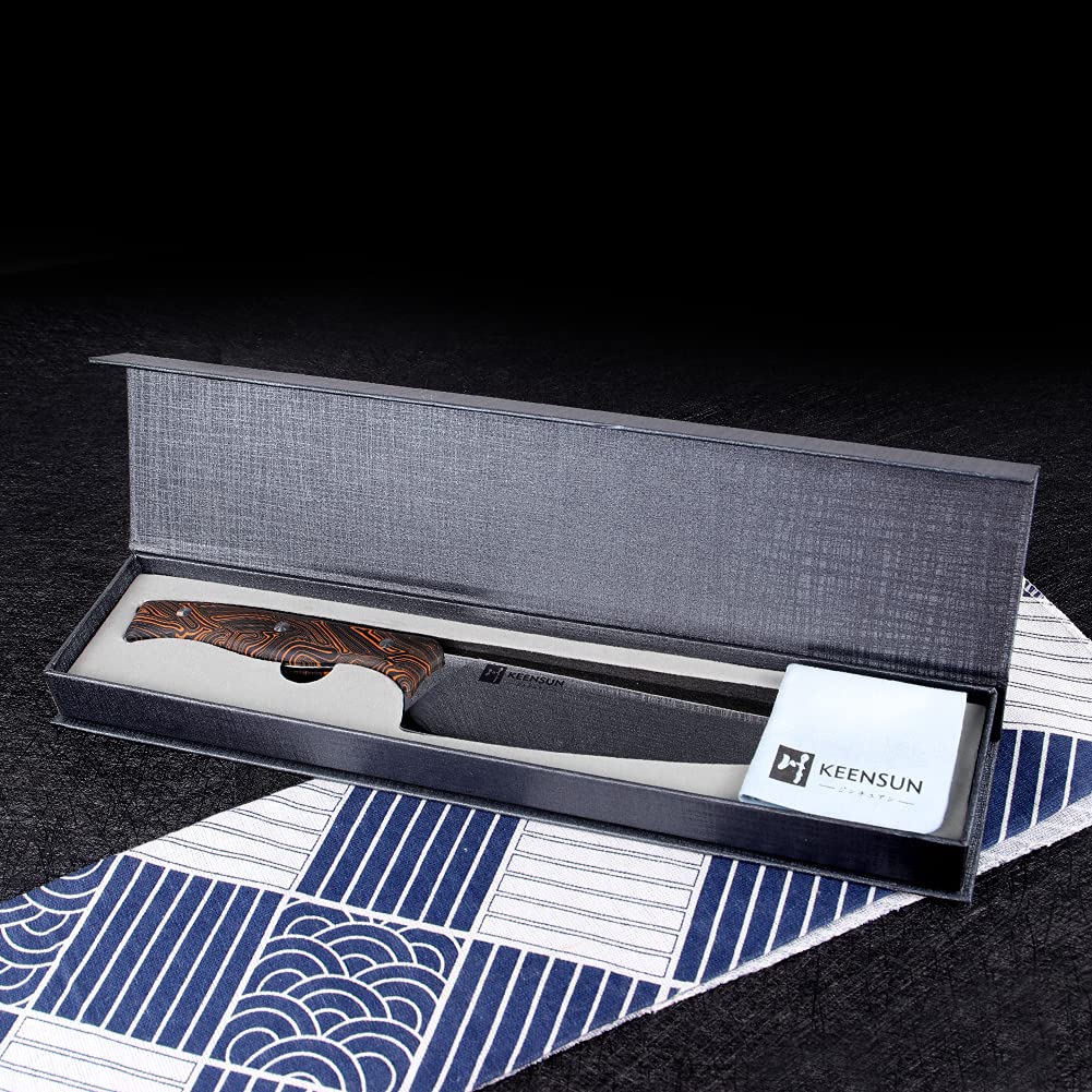 KEENSUN Chef Knife - 8 Inch Professional Kitchen Knife Rust Resistant VG10 Stainless Steel Ultra Sharp Chef Kitchen Knife,Orange-Black Damascus Pattern G10 Handle and Mirror Polished Blade