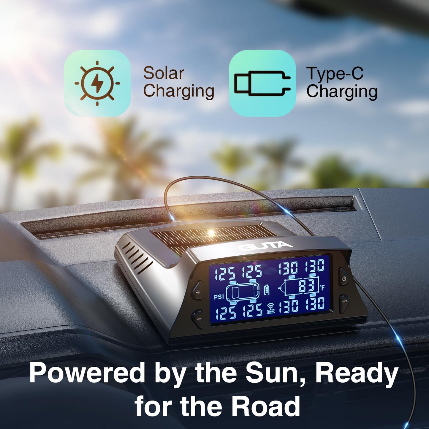 GUTA RV Tire Pressure Monitoring System, RV TPMS with 4 Sensors (0-188 PSI), Solar Charging, 6 Alarm Modes, Auto Sleep Mode, LCD Display, Tire Pressure Monitor System for RV/Trailer/SemiTruck