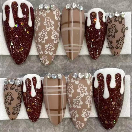 30Pcs Christmas Press on Nails Almond Fake Nails 3D Rhinestones Glitter Design Coffee-colored Striped Snowman Press on Xmas False Nails Cute Gingerbread Stick on Brown Plaid DIY Nails for Women