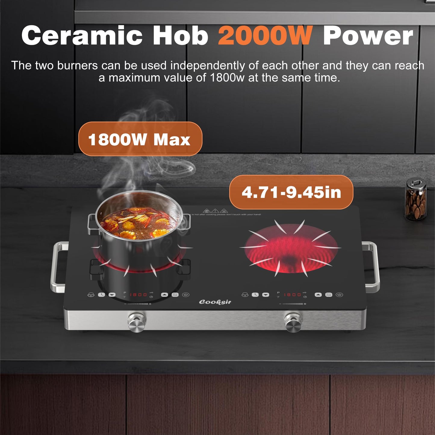Cooksir 2 Burner Electric Cooktop - 24 Inch(22.2"x 13.1") Portable Electric Stove Top 110V, 2000W Countertop Two Burner Stove, Child Lock, Timer, Touch and Knob Control, 110V Plug in