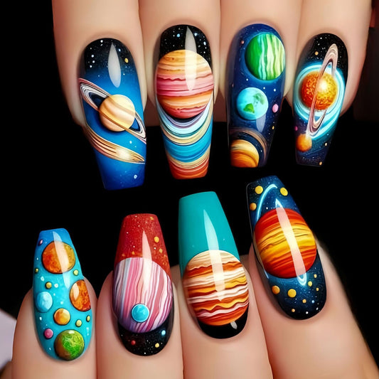CJDLTS Planet Press on Nails Medium Ballet Shaped Colorful Planet Pattern Design Full Cove Glossy Acrylic Fake Nail Artificial Press Ons Stick on Nails DIY Reusable Glue on Nails for Women 24Pcs